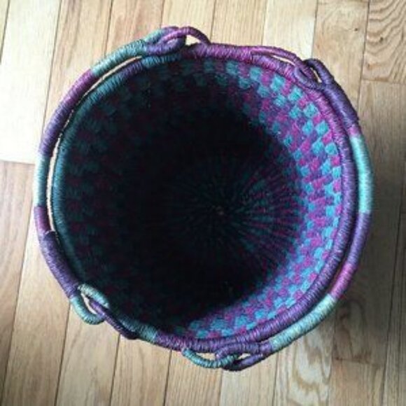 Vintage Large Purple Green Woven Bolga Storage Market Basket Handles 12” - Picture 3 of 5